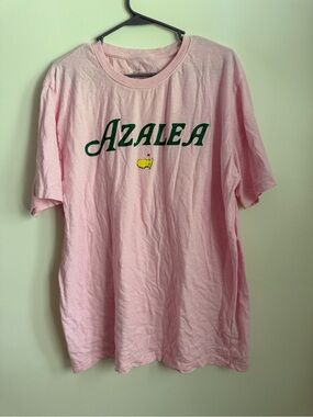 Masters Pink Azalea Tee with Green Script and Yellow Logo